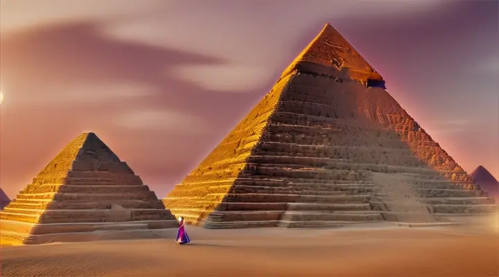 Pirámides Egipto tras mujeres bella al anochecer.