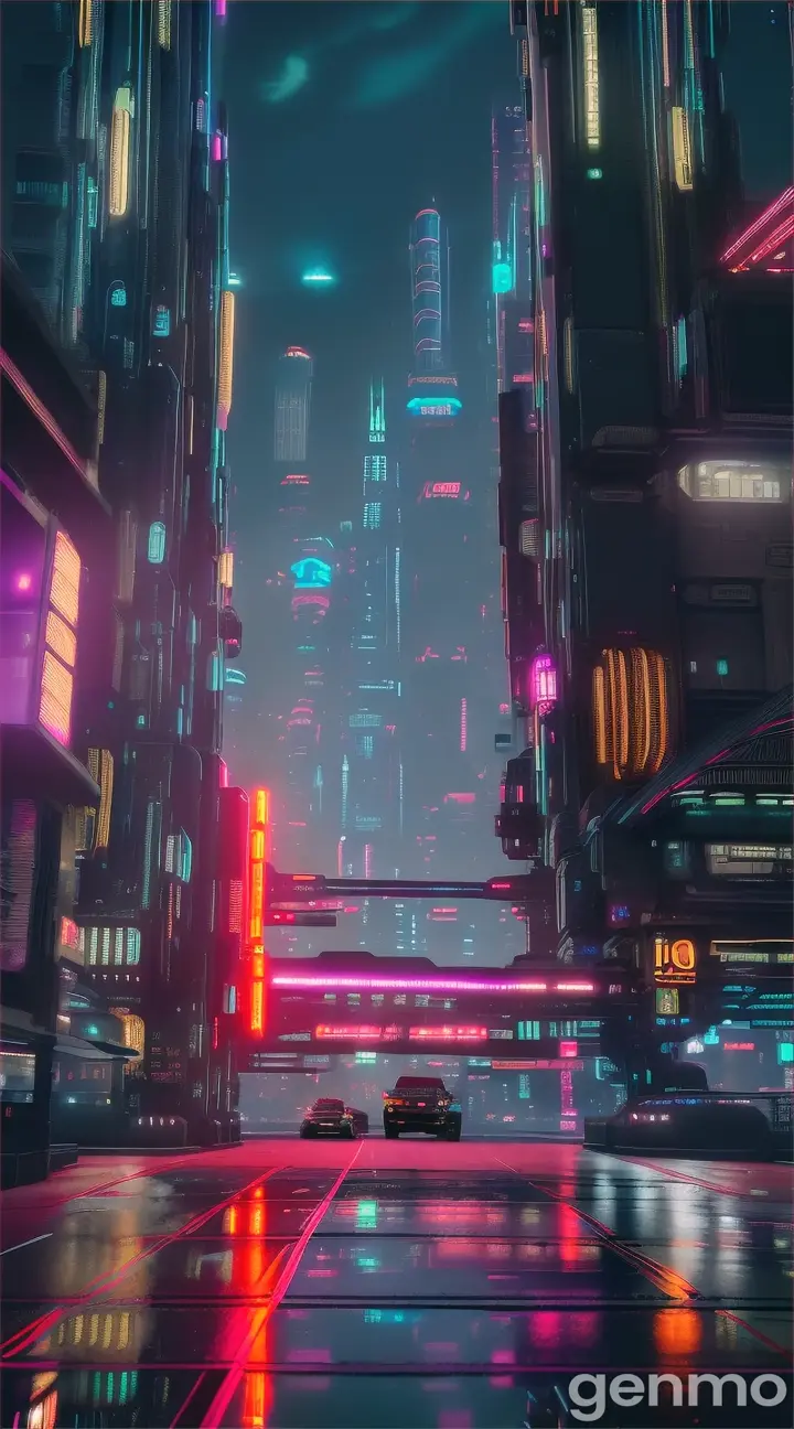 A night cyberpunk city with a towering, cybernetic structure dominating the skyline