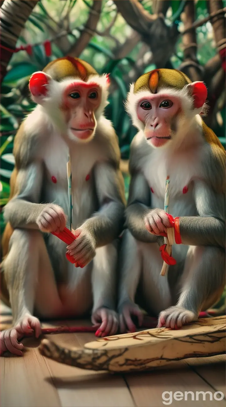  Two monkeys are wearing white shorts and red color baniyan sitting in the floor and scribble with a stick