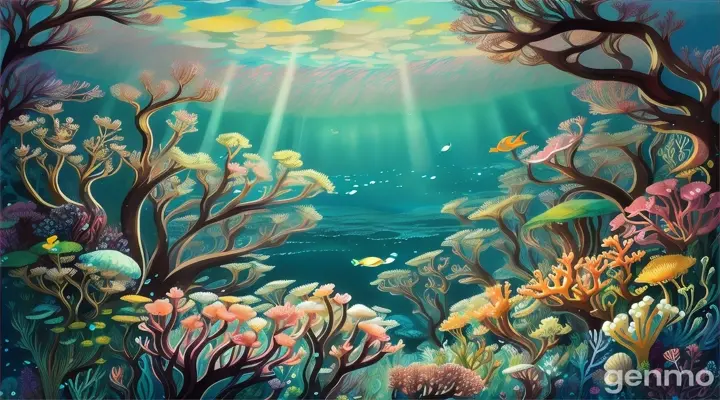 A beautiful cartoon world centered around Pearl's oyster bed, with vibrant vegetation, coral reef, and serene sea life