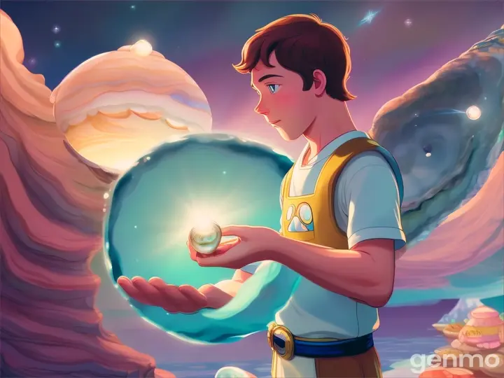 Finn holding an oyster with a glowing pearl inside, Blake looking on in wonder.cartoon illustration