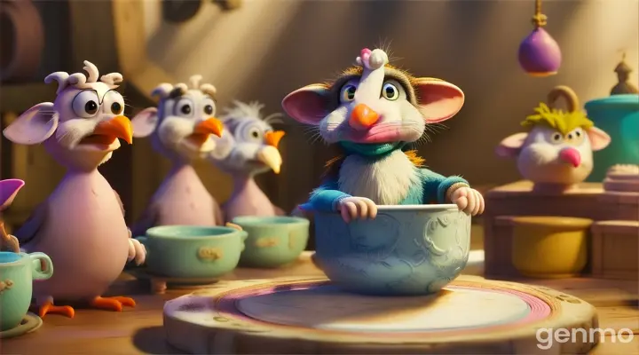 Claymation, stop motion, a rat sitting on a huge block of milk