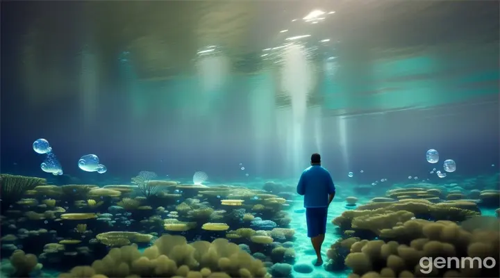 A blue forest was left under water. A man walks through the forest looking at the bubbles floating in the environment 16:9