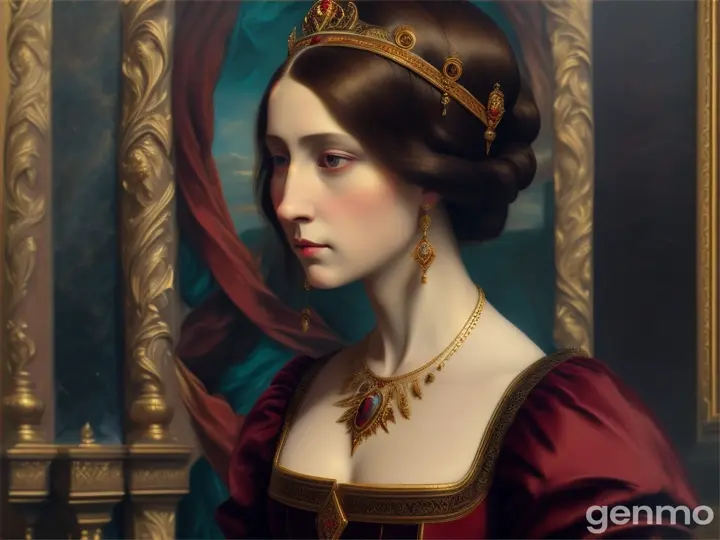 [артист] painted in an elegant Renaissance outfit. [artist description]. The background of the painting contains dark hues in a classical oil portraiture style of renaissance art, cinematic lighting, hyper-realistic, elegance and grandeur typical for historical portraits