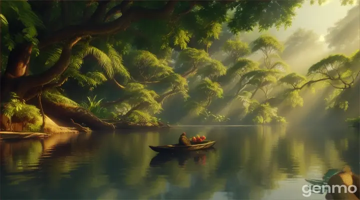 3d renering real Cinematic Style scene Lush greenery, calm river,indian blackberry tree with berries, one monkey on a branch, one crocodile in the water, dappled sunlight.
Negative Prompt: Avoid any signs of human presence such as boats, buildings, or trash. Keep the scene natural and untouched, with no exaggerated cartoonish elements. The setting should feel peaceful and welcoming, without any threatening or dark tones.