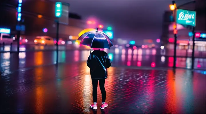girl in white t-shirt stands next to guy in black jacket, straight and looking at each other, heavy rain and wind, reflections of neon signs on the street, wet asphalt at night, wide shot, anime