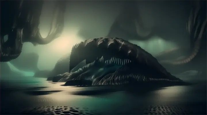 Create a dark horror dream of the deep dark ocean and the creatures within it