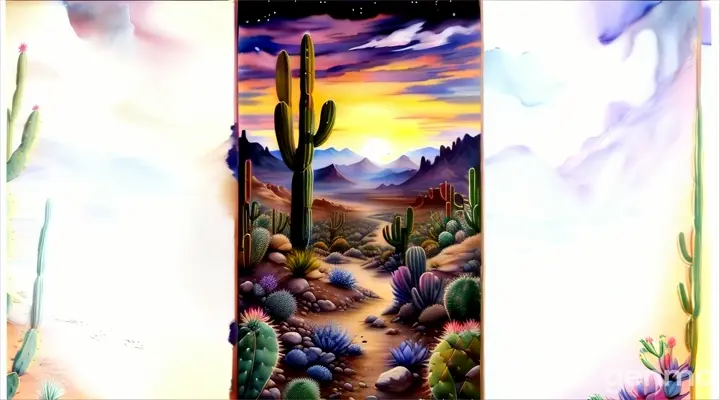 a painting of a desert scene with cacti