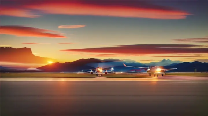 An airport at sunset with a breathtaking mountain horizon in view, planes taxiing against the stunning landscape