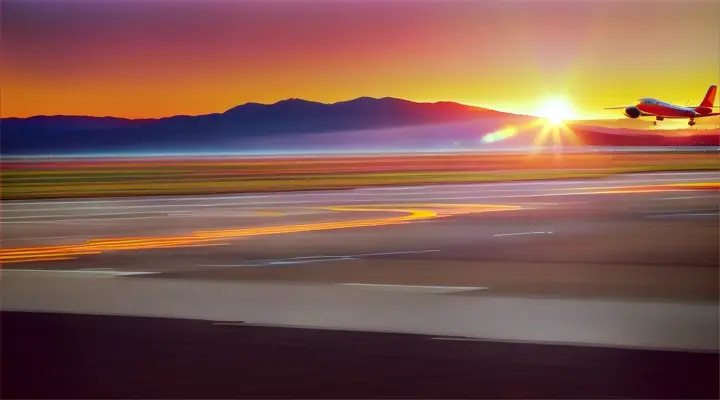 An airport at sunset with a breathtaking mountain horizon in view, planes taxiing against the stunning landscape