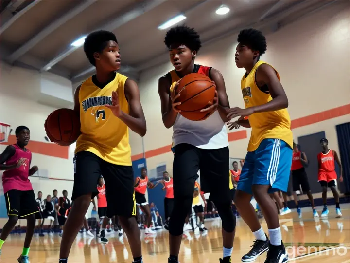 a group of young black American teenagers playing a game of basketball in the school hall