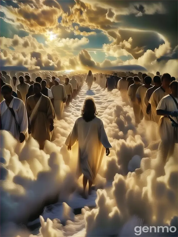 a large group of people walking through clouds