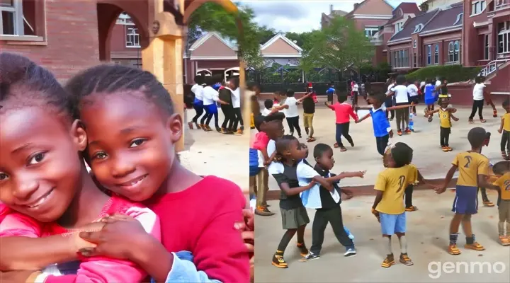 a group of children are dancing in a courtyard