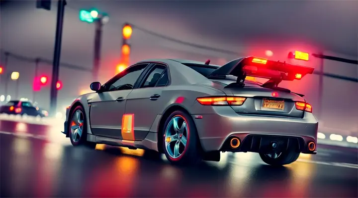 car skids on a turn. smoke from under the wheels. High-speed cyberpunk chase through a neon-lit city, rain and wind distort the light and add movement to the scene, long shot, anime style