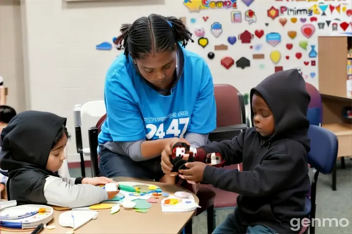 a woman helping a child with a craft project