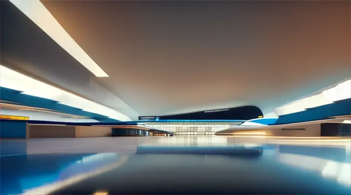 An elegant and modern airport terminal with geometric architecture and sleek lighting