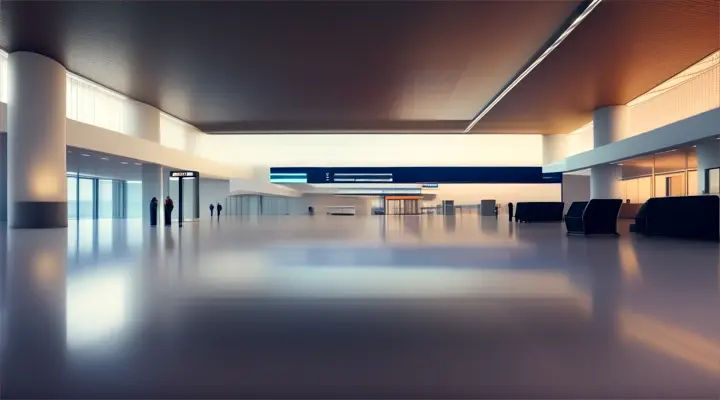 An elegant and modern airport terminal with geometric architecture and sleek lighting