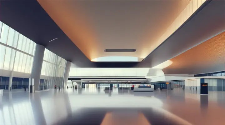 An elegant and modern airport terminal with geometric architecture and sleek lighting
