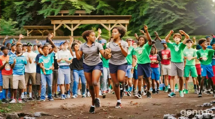 a group of black American teenagers and preteensrunning in front of a crowd