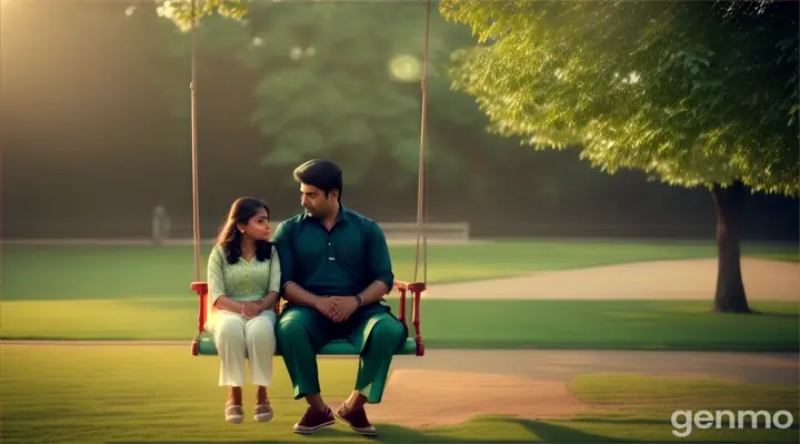 8k wide shot of a Pakistani couple in modern outfits, the girl sitting on a park swing, crying softly, with the boy standing beside her, devastated.
