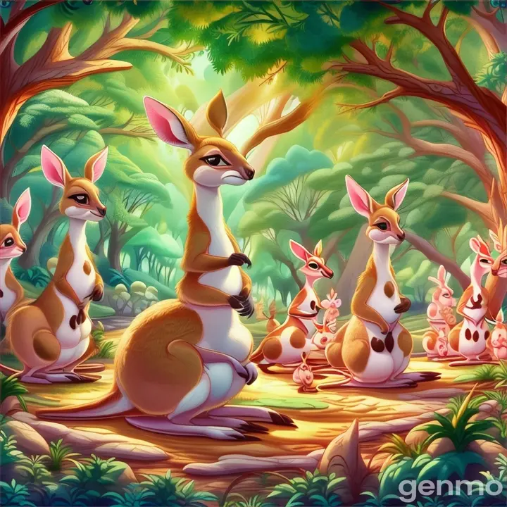 a painting of a kangaroo family in a forest