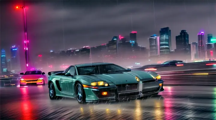 heavy car accident through a neon-lit city, rain and wind distort the light and add movement to the scene, long shot, tpo shot, vertigo, wide angle, anime style”