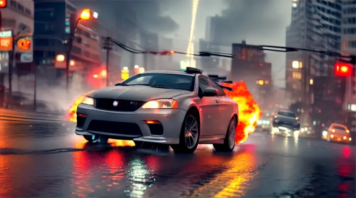 gray car collide head-on on the road, big car accident, explosion, fire and smoke, neon city, slippery asphalt, rain and wind distort light and add movement to scene, long shot, wide angle, anime style