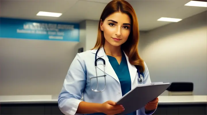 Mujer bella doctora en hospital junto al mostrador con una carpeta