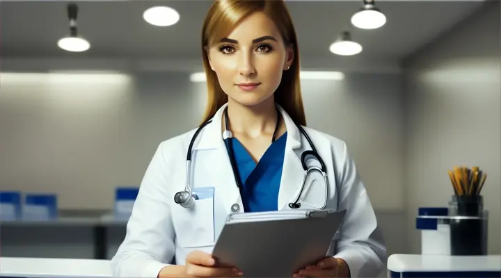 Mujer bella doctora en hospital junto al mostrador con una carpeta