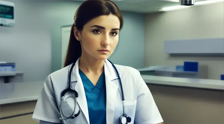 Mujer bella doctora en hospital junto al mostrador con una carpeta