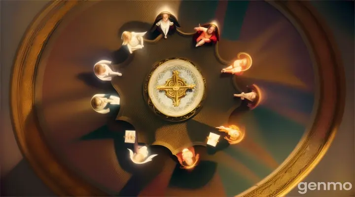 Heavenly council of Angels seated in a round table before God and Satan the devil in the midst of them 