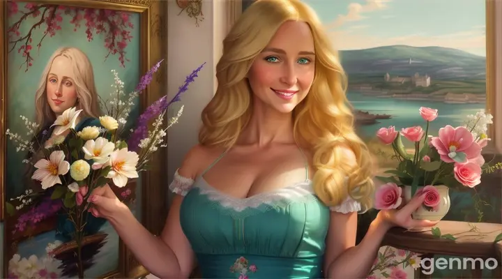 Close-up) Beautiful 34 year old woman with medium length blond hair, with deep turquoise green eyes with pronounced iris lining. She is dressed in a white camisole, smiles happily and has full lips in the style of Guillem H. Pongiluppi, Abigail Larson, Beautiful painting of flowers with a beautiful view of medieval houses decorated with climbing flowers, John Sloan, light gray and pink, the illustrations are filled with energy 16:9