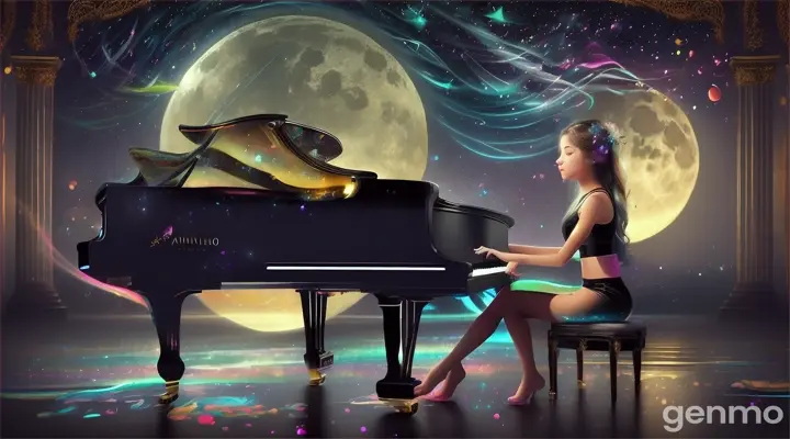  A surreal and atmospheric scene depicting a young woman playing a grand piano under a massive, glowing full moon. The woman’s silhouette is dark yet vivid, with colorful and abstract splashes of paint and musical notes flowing from her hair and the piano. The scene blends music and art, with the moon casting an ethereal glow over the entire composition. The clouds beneath her and the abstract musical elements create a dreamy, otherworldly atmosphere. The background features a night sky filled with stars, adding depth and a sense of infinity to the scene. Hyper-real, photorealistic, hyper-detailed, cinematic, 16:9, Ultra 8K quality.