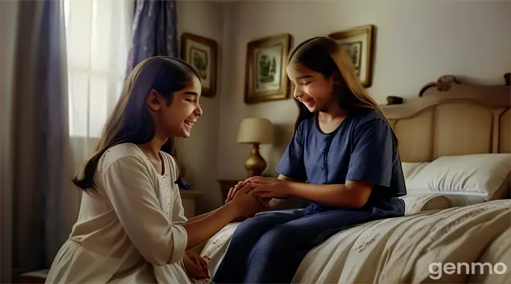 A comforting scene where an good looing elder sister gently holds her good looking younger sister's hand, both smiling warmly. The younger sister looks reassured as the elder sister speaks encouraging words, set in a cozy room.
