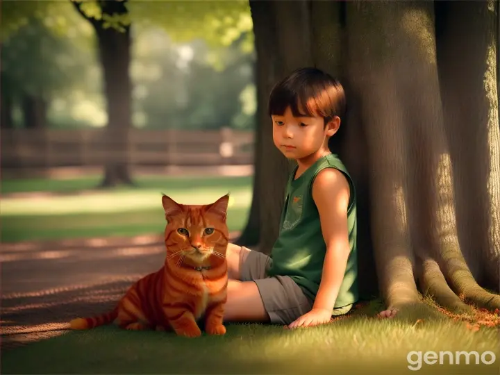 A boy sitting in the dappled shade of a large tree, holding an orange tabby cat. Color scheme is orange and green.