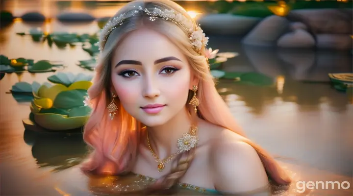 A radiant young woman with delicate features, adorned in a flowing saree of soft pink and white, her hair adorned with fragrant jasmine flowers. Radha stands by the banks of the Yamuna River, with the golden light of sunset casting a warm glow on her face. Her eyes are filled with love and longing as she gazes into the distance, and the background features a serene riverside with blooming lotuses and gently flowing water. Hyper-real, photorealistic, hyper-detailed, cinematic, 16:9, Ultra 8K quality.