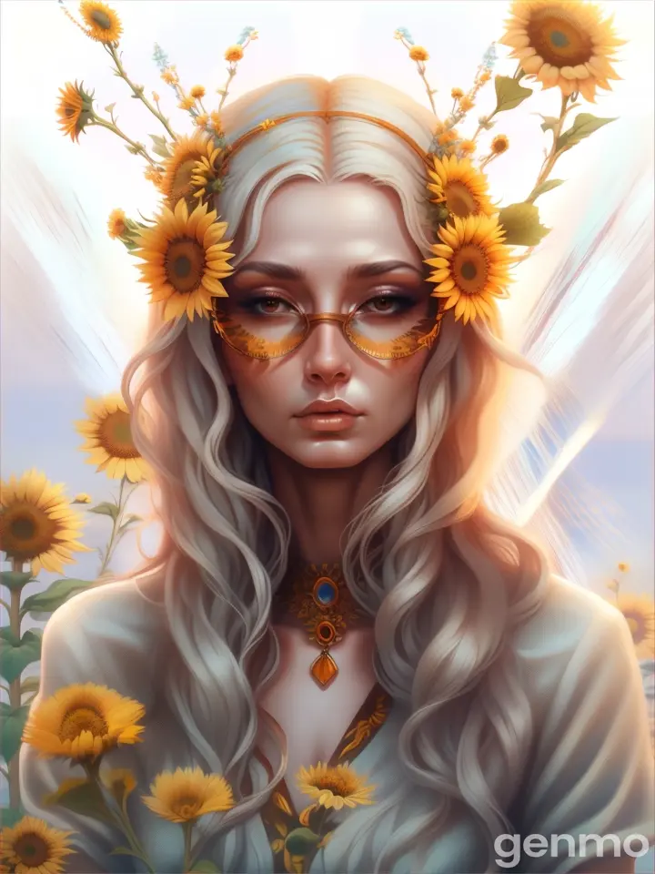 a painting of a woman with sunflowers in her hair