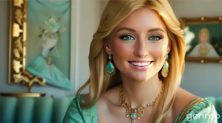 Beautiful blonde woman with medium-length light hair, green eyes. The girl smiles sweetly, sparkling with precious stones of her jewelry on her neck, a gold chain with a turquoise diamond, earrings with the same turquoise diamond encrusted with precious stones sparkling in the sunlight from a large window of a room in the style of luxurious Renaissance houses. In the background, a correctly selected floral composition from a combination of different colors of buds and flowers. The illustrations are filled with energy 16:9