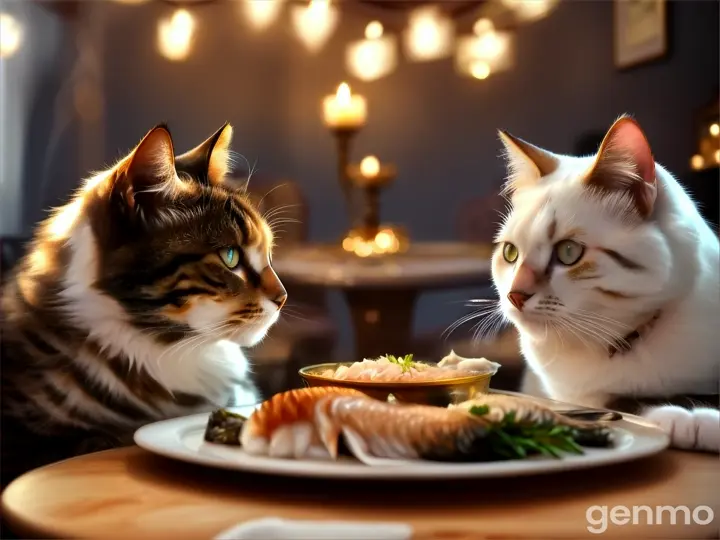 2 cats in love eating a candlelit dinner of fresh fish