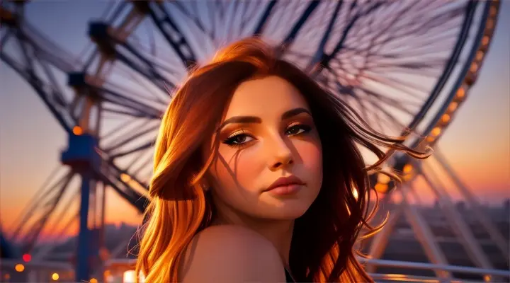 A beautiful woman on a Ferris wheel at sunset, with vibrant hues in the sky and cityscape below