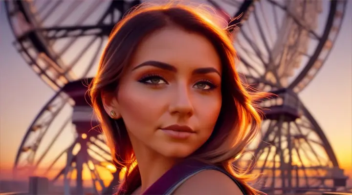 A beautiful woman on a Ferris wheel at sunset, with vibrant hues in the sky and cityscape below