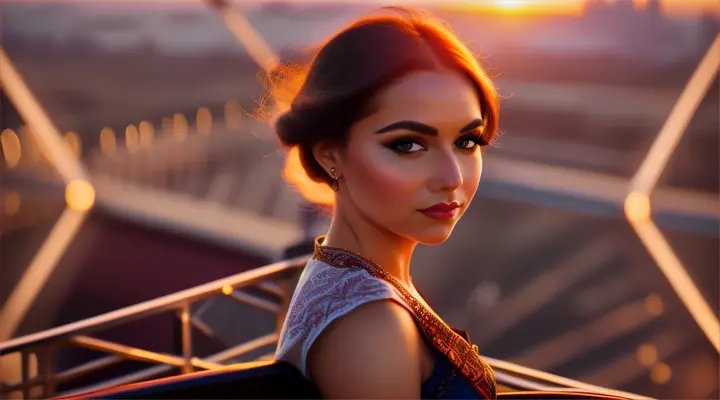 A beautiful woman on a Ferris wheel at sunset, with vibrant hues in the sky and cityscape below