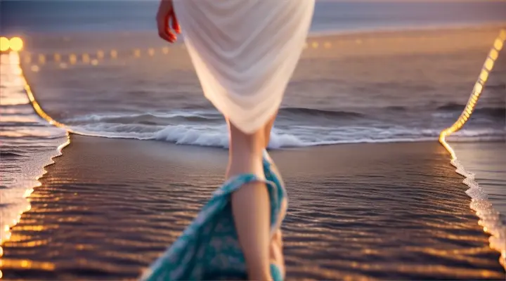 Beautiful woman in a sundress on illuminated boardwalk with moonlit wave below