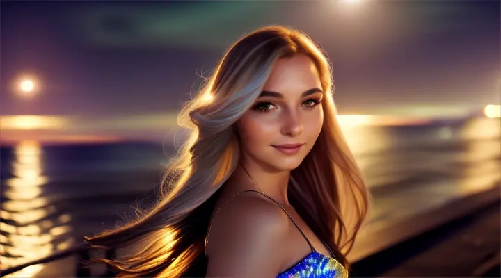 Beautiful woman in a sundress on illuminated boardwalk with moonlit wave below