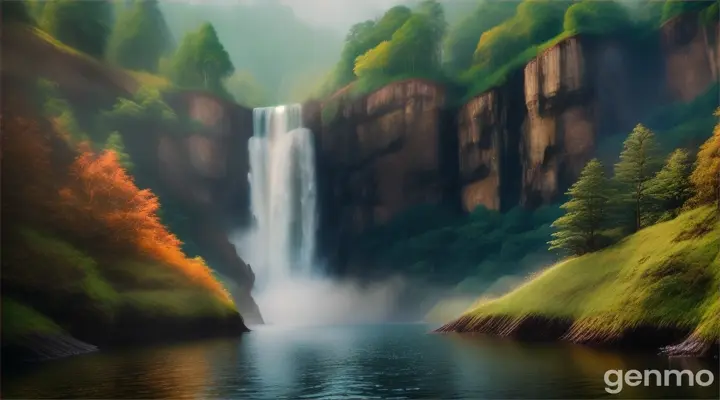 Birds are flying over waterfall in 16:9 ratio