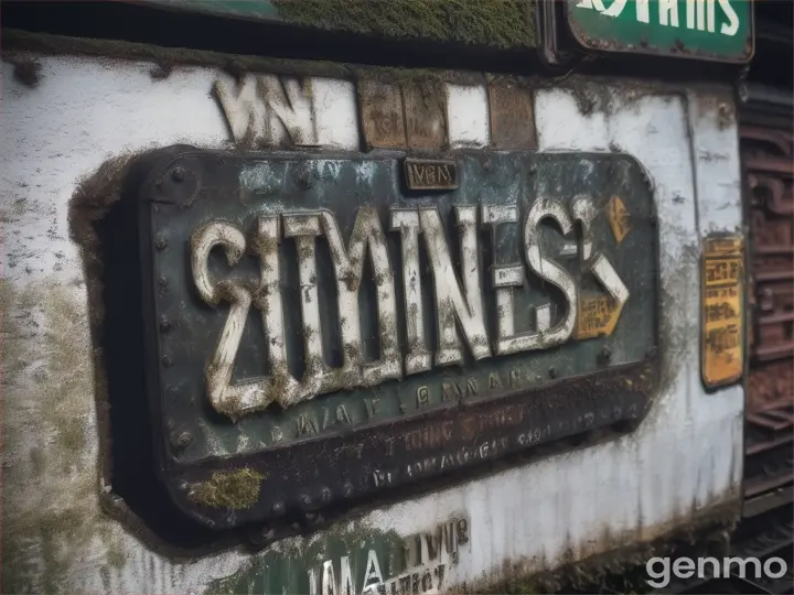 Station Warning Sign: A worn-out sign at the station, partially covered in moss, warning travelers in faded letters about the dangers of the last train.