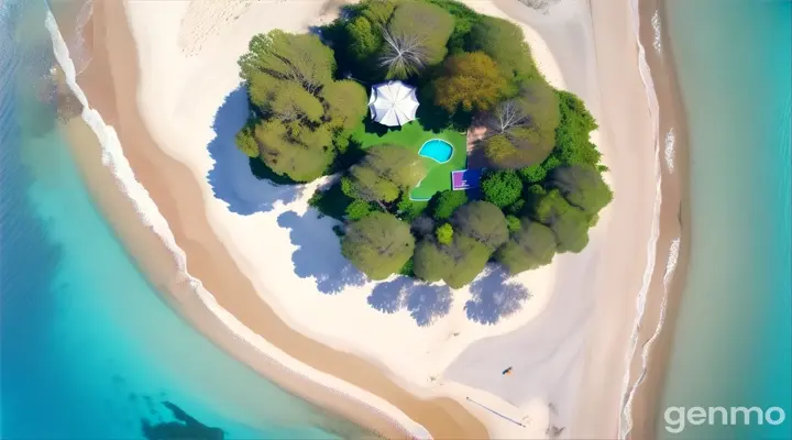 An aerial view of a beautiful beach with crystal-clear water, white sand and colorful umbrellas