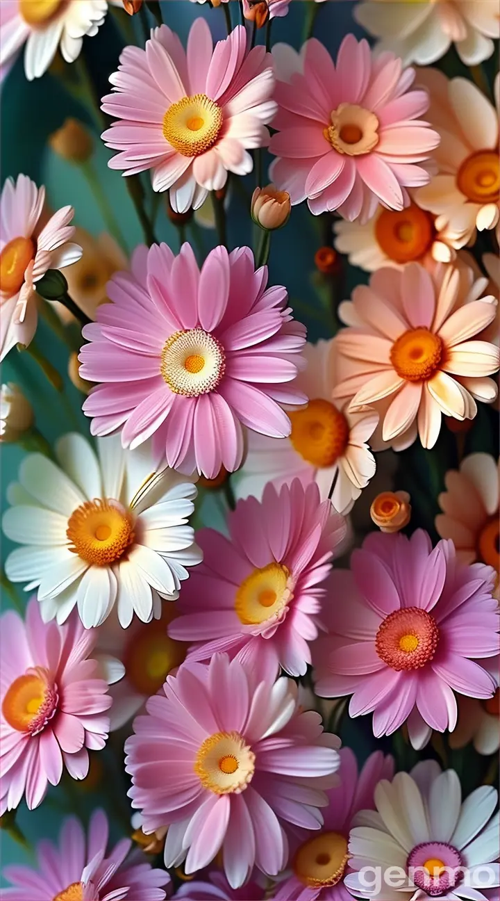 a bunch of pink and white flowers with yellow centers