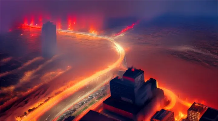 explode on the read, fire and smoke everywhere, rain sky turned red, neon city, wet and slippery asphalt, rain and wind distort light and add movement to scene, long shot, wide angle, anime style
