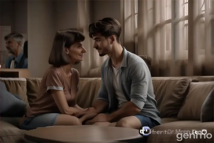 a man and woman sitting on a couch looking at each other